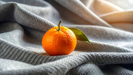 Fresh tangerine on a gray fabric. Selective focus.の素材