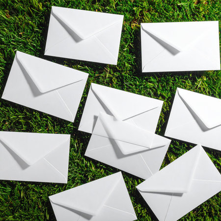 Envelopes on green grass background. Top view. Copy space.の素材