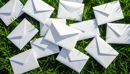White paper envelopes on green grass. Top view. Copy space.の素材