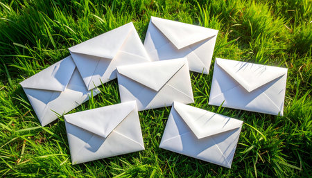 White Envelopes on green grass, concept of communication and correspondenceの素材