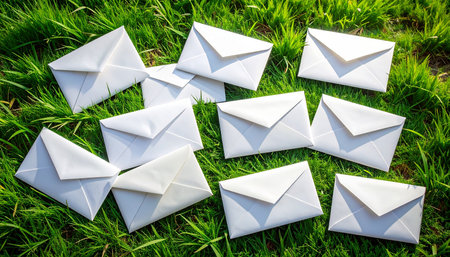 White Envelopes on the green grass. Concept of communication.の素材