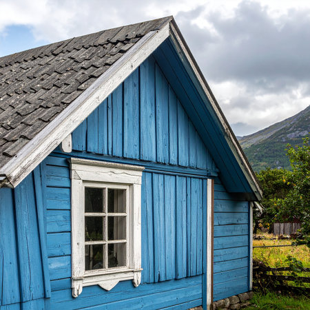 Old blue wooden house in Norway, Scandinavia, Northern Europe.の素材