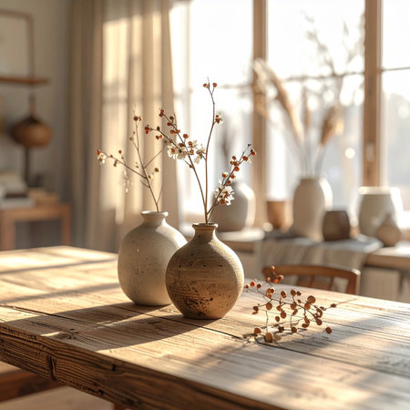 Vase with dried flowers on wooden table in room. Interior designの素材