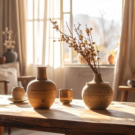 Vase with dry flowers on wooden table near window. Interior designの素材