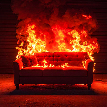 Flaming red sofa in front of a wooden wall background.の素材
