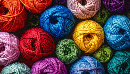 Colorful skeins of thread for knitting on a dark background.の素材