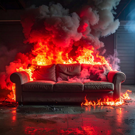 Burning fireplace in the interior of a dark room with a sofaの素材