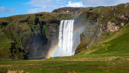 Seljalandsfoss waterfall with rainbow, Iceland, Europeの素材