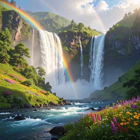 Famous Skogafoss waterfall in Iceland with rainbow in the skyの素材