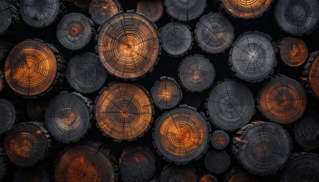 A lot of wooden logs on a black background. Close-up.の素材