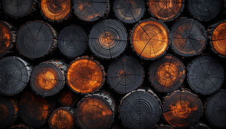 Wooden logs stacked in a pile in the forest. Industrial backgroundの素材