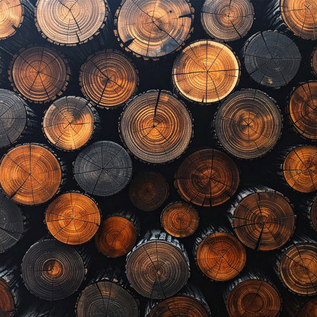 Wooden background with a lot of sawn logs. Top view.の素材