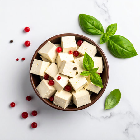 Cubes of feta cheese with cranberries and basil leaves on white marble background. Top viewの素材