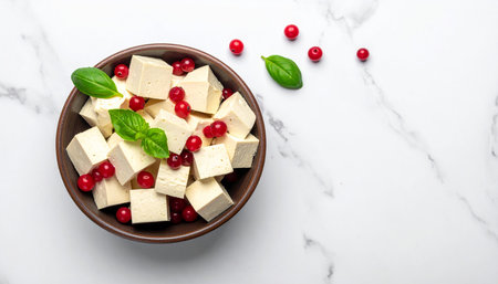 Tofu with fresh cranberries and basil in a bowl on a marble backgroundの素材