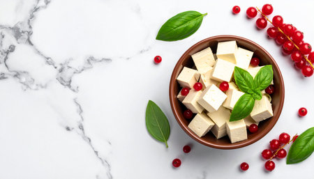 Tofu with fresh red currant and basil on white marble table, top viewの素材