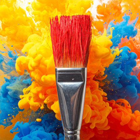 Paintbrush and colorful ink in water isolated on a white backgroundの素材