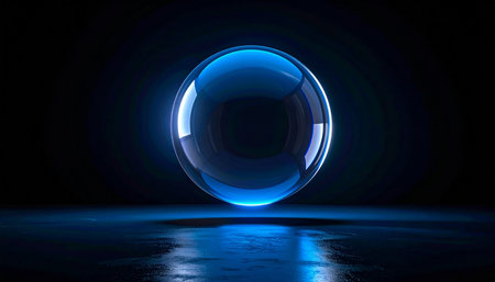 Glowing blue glass sphere on dark background. 3D Renderingの素材