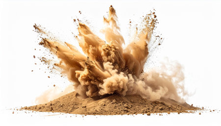 Sand explosion isolated on a white background. 3d rendering, 3d illustration.の素材