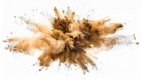 Explosion of brown powder isolated on white background. 3d renderingの素材
