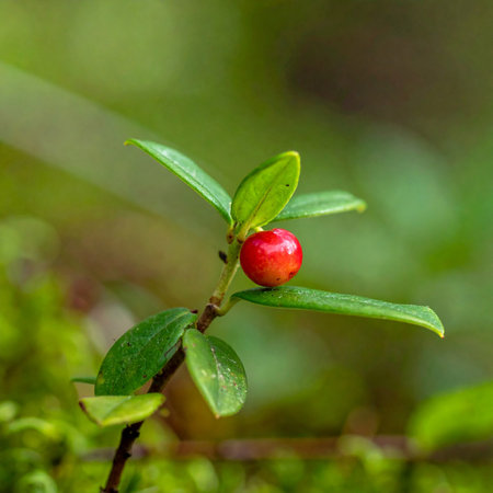 Cranberry on a branch in the forest. Selective focusの素材