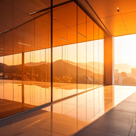 Glass wall and floor of modern office building with cityscape background.の素材
