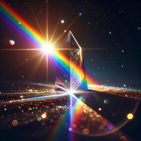Magic crystal with rays of light on dark background. 3D renderingの素材