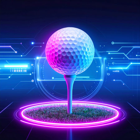 golf ball on tee in neon light, 3d illustration.の素材