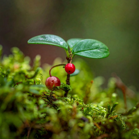 Close-up of lingonberry growing on a green moss.の素材
