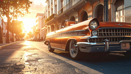 Classic american car on the street at sunset. 3d renderの素材