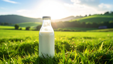 Bottle of milk on the green grass in the sunset light.の素材
