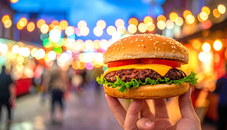 Hands holding hamburger with bokeh light background at nightの素材