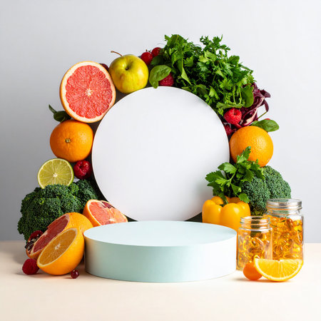 Fresh fruits and vegetables with round podium for product presentation, mockupの素材