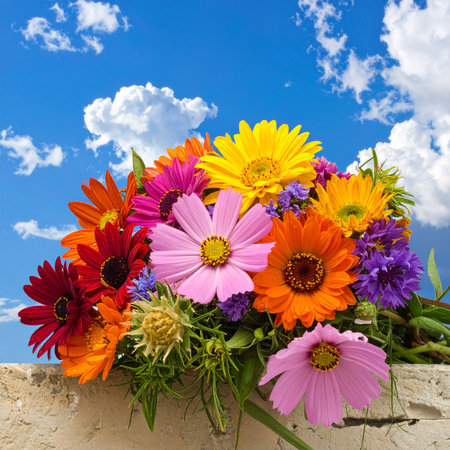 Colorful bouquet of daisies on the blue sky backgroundの素材