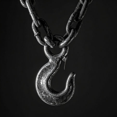 Crane hook on a black background. Black and white photo.の素材