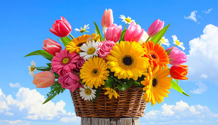 Bouquet of colorful flowers in a basket on blue sky backgroundの素材