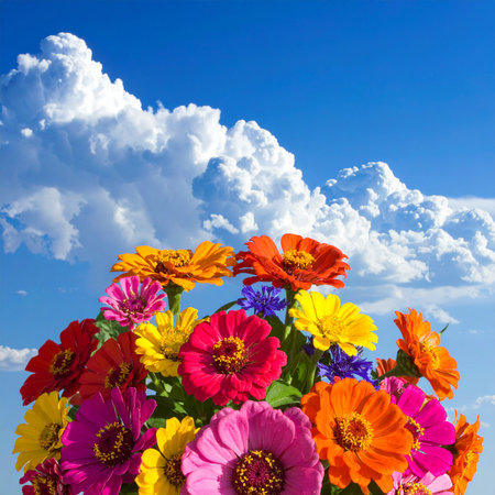 Bouquet of multicolored flowers against the blue sky with cloudsの素材
