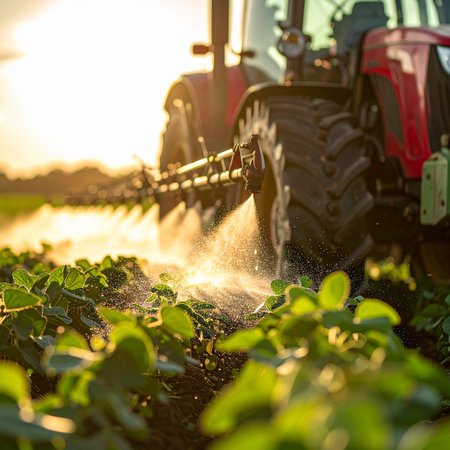 Tractor spraying pesticides on soy plantation  with sprayer at sunsetの素材