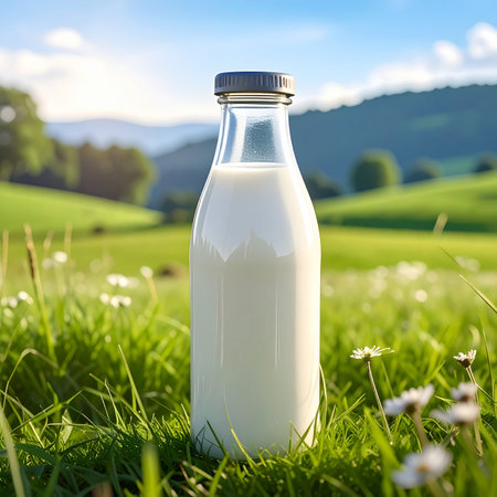 Milk bottle on green grass with flowers and mountains in the backgroundの素材