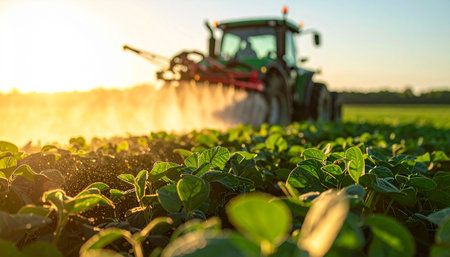 Tractor spraying pesticides on soy field  with sprayer at springの素材