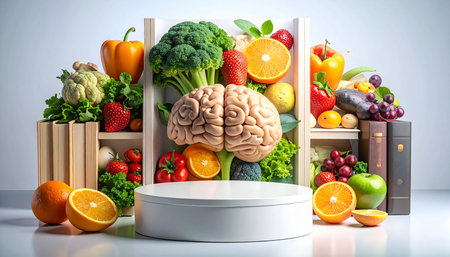 Fruits and vegetables with human brain, 3d rendering. Computer digital drawing.の素材