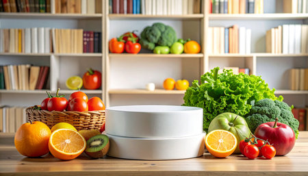 Fresh fruits and vegetables on a wooden table in the kitchen, healthy foodの素材
