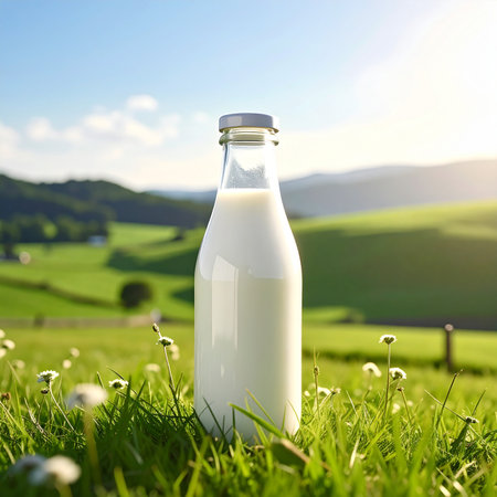 Bottle of milk on green meadow in Tuscany, Italyの素材