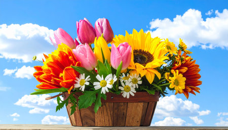 Bouquet of colorful flowers in a wooden basket on blue sky backgroundの素材