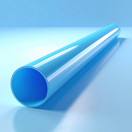 Blue PVC pipe on blue background. 3d render illustration with reflectionの素材