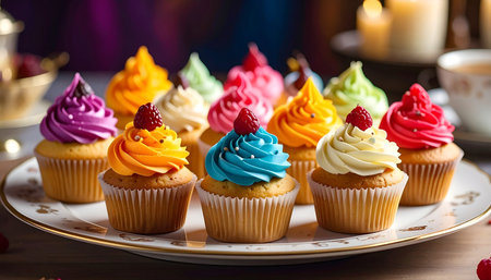 Cupcakes decorated with colorful cream and fresh raspberries.の素材