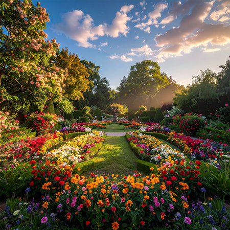 Beautiful spring garden at sunset. Colorful flowers in the garden.の素材