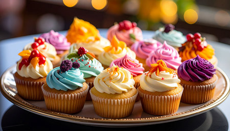 cupcakes decorated with cream cheese frosting and berries on a plateの素材