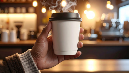 Male hand holding paper cup of coffee on blurred background, closeupの素材