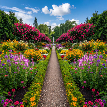 Flower garden with path leading to the fountain. Summer landscape.の素材
