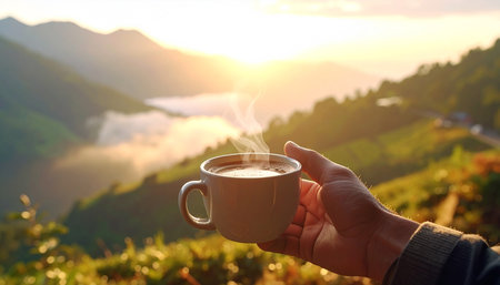 Coffee cup in hand on the top of mountain at sunriseの素材